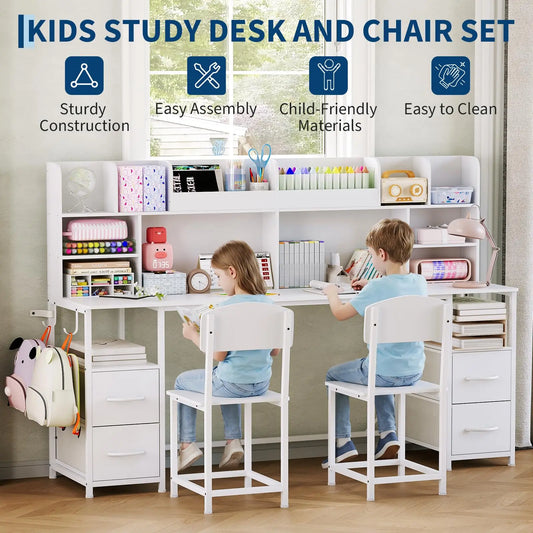 HiMiss Double Kids Desk And Chair Set With Hutch Storage