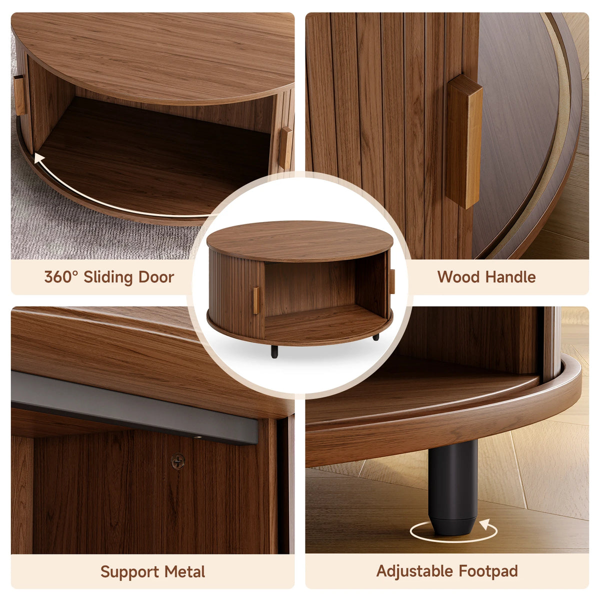 Onbrill Modern Round Coffee Table With Sliding Door Storage
