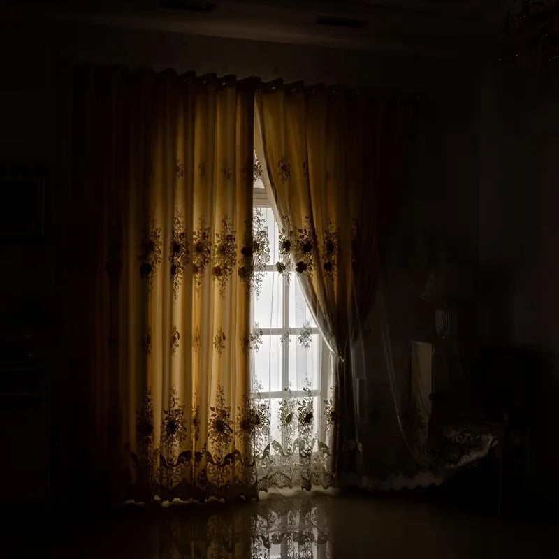 Luxury Double Layer Embroidered Blackout Curtains Set