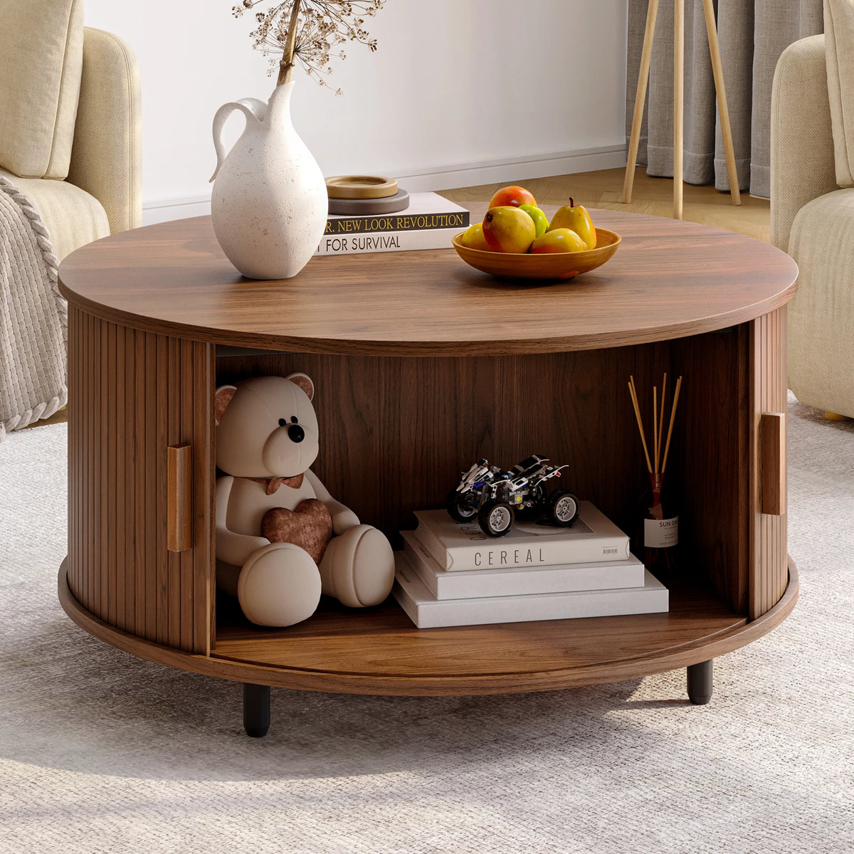 Onbrill Modern Round Coffee Table With Sliding Door Storage