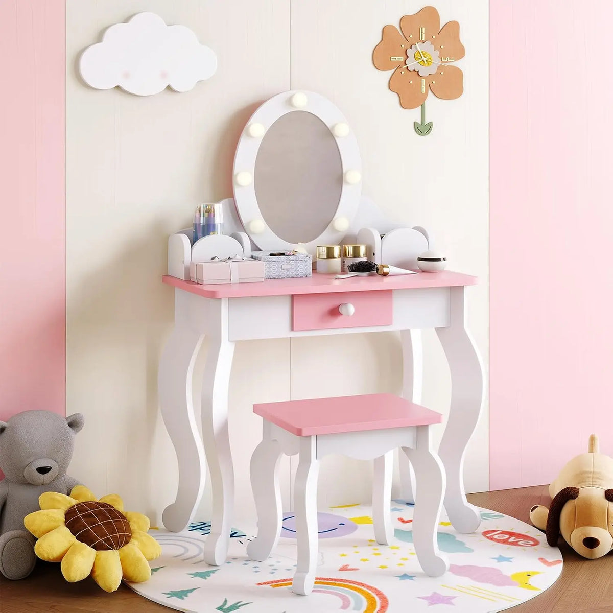 HiMISS Wooden Kids Vanity Desk With Illuminated Mirror