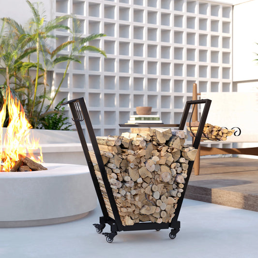 Outsunny Metal Outdoor Firewood Rack With Wheels And Hooks