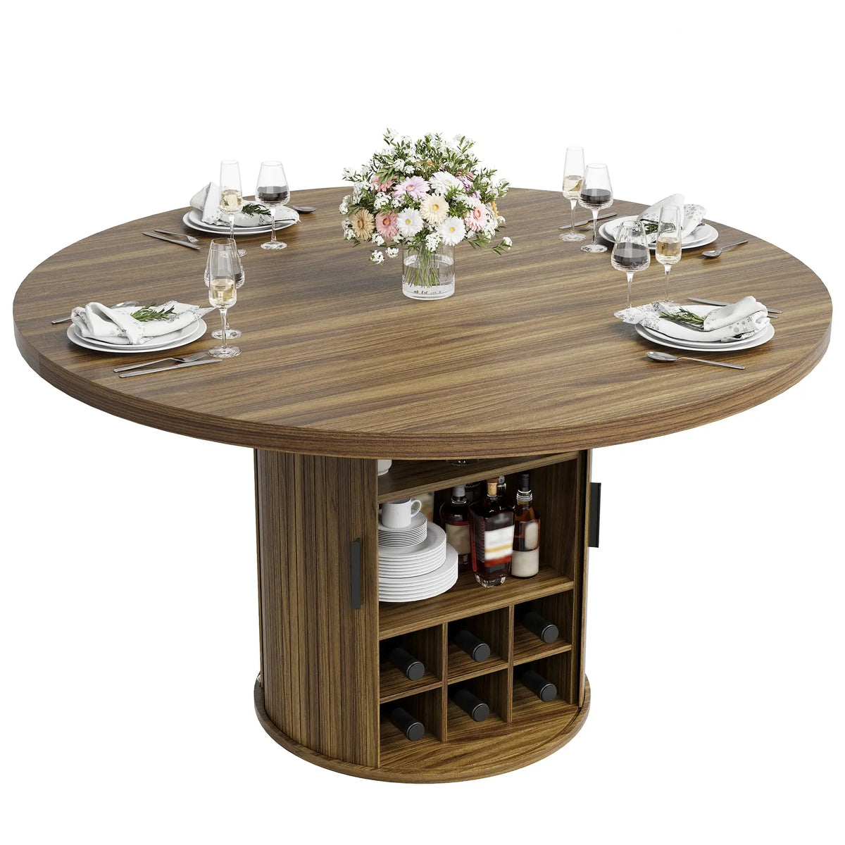 HiMISS Round Dining Table Featuring Hidden Storage And Wine Rack