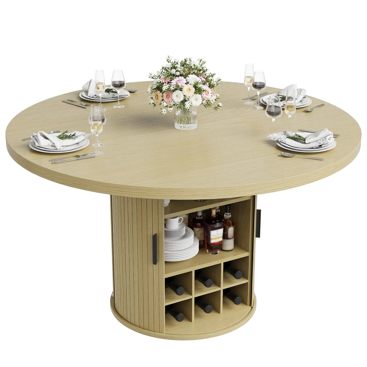 HiMISS Round Dining Table Featuring Hidden Storage And Wine Rack