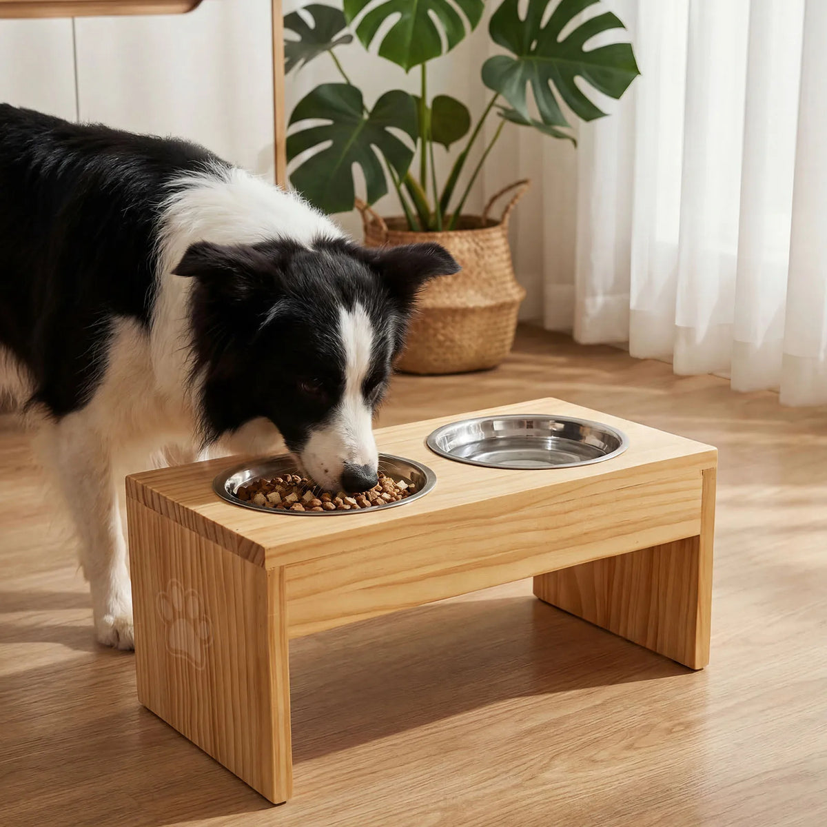 Wooden Elevated Dog Bowl Stand With Stainless Steel Double Bowls