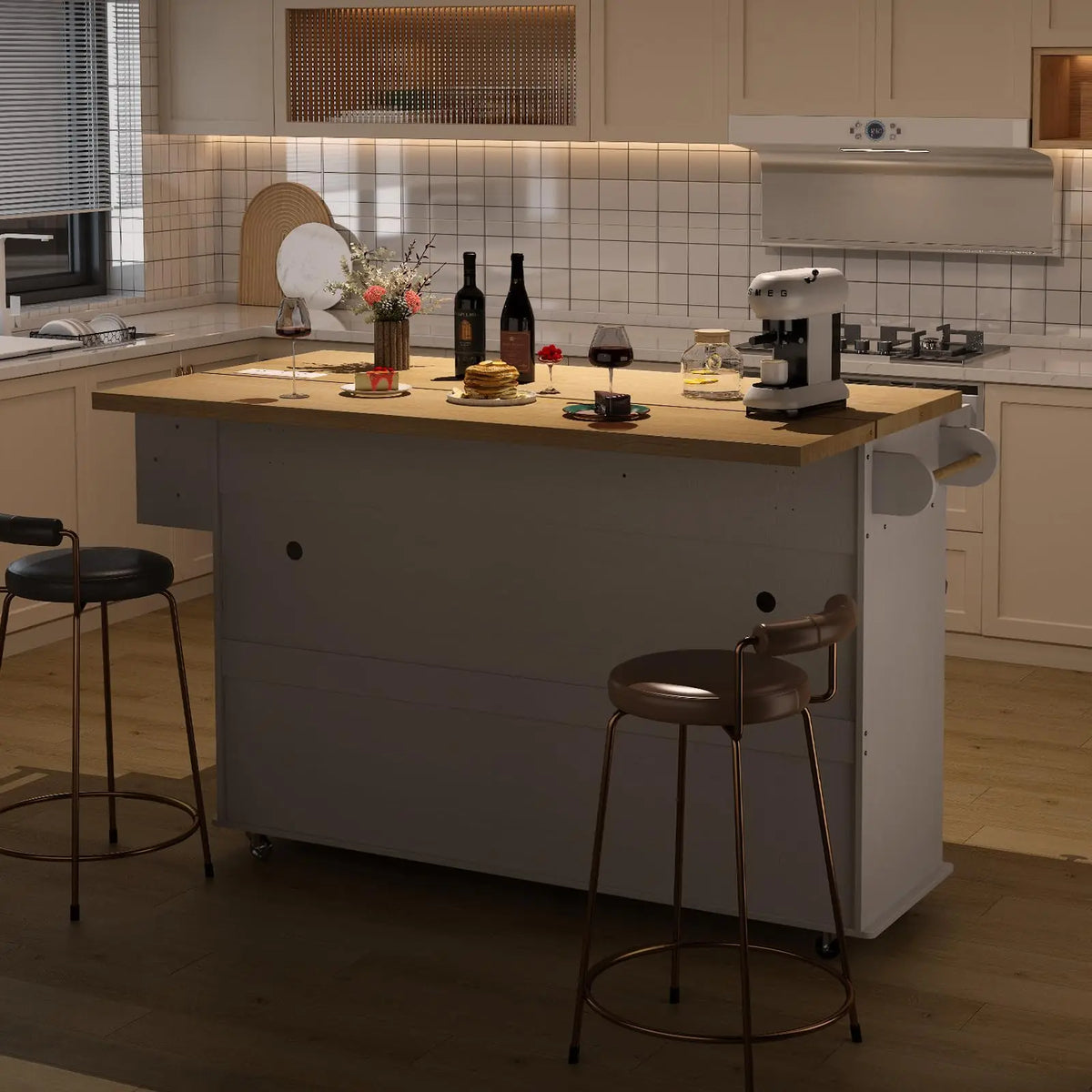 Onbrill Wood Rolling Kitchen Island With Power Outlet Trash Holder
