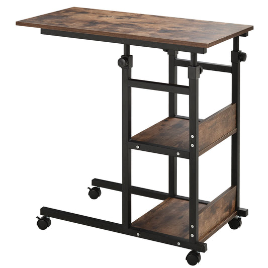 HOMCOM Industrial C-Shaped Sofa Side Table With 3-Tier Rolling Shelf