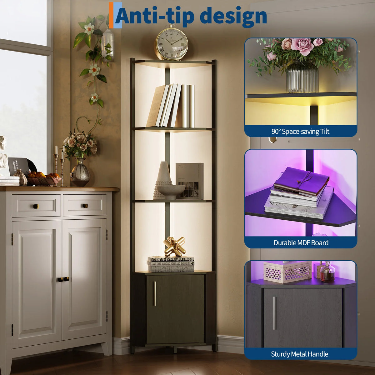 Modern Led Corner Shelf With Adjustable Wall Mount Lighting