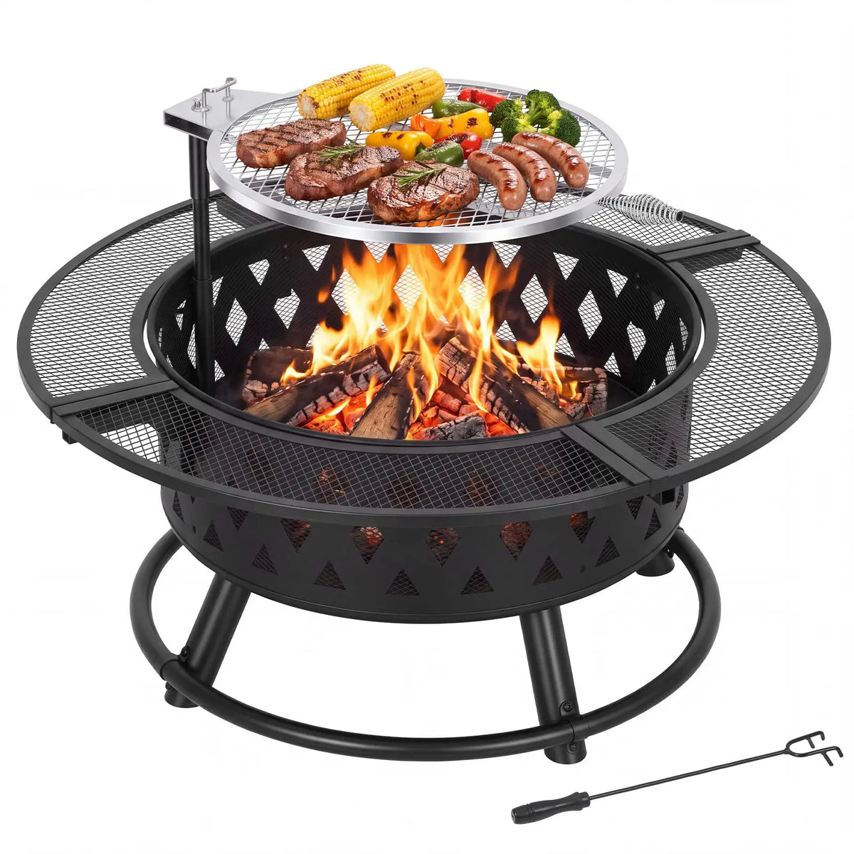 HiMiss Round Wood Burning Fire Pit With Safety Mesh Guard