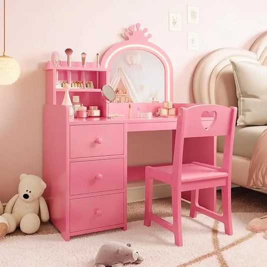 HiMISS Kids Vanity Desk With Chair And Lighted Bookshelf Set