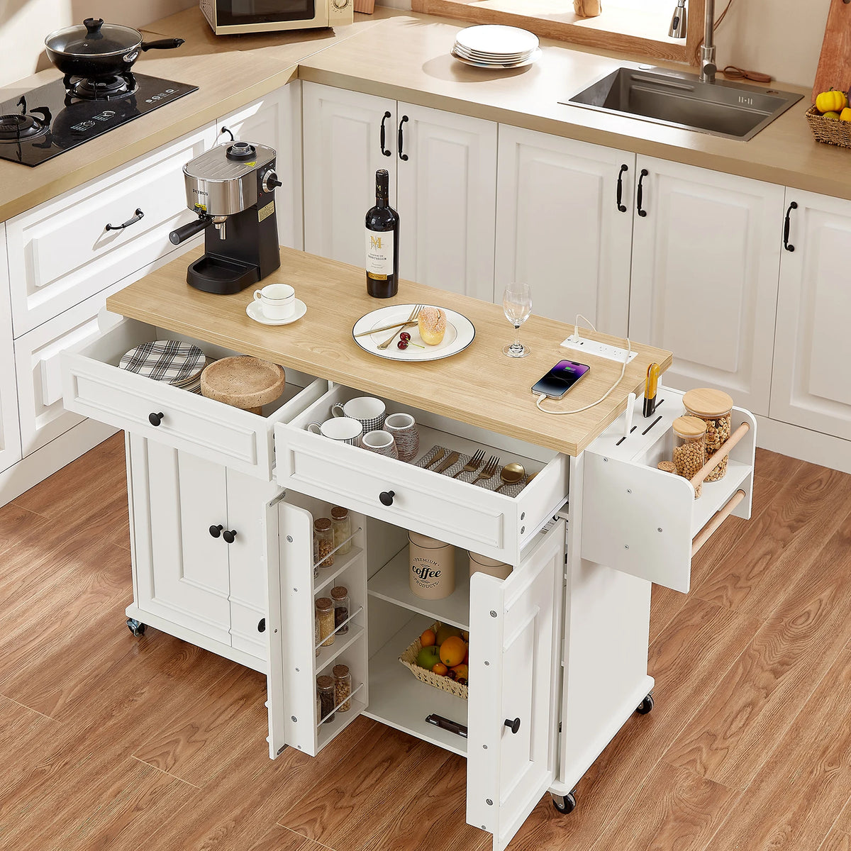 Wood Mobile Kitchen Island Drop Leaf Spice Rack Towel Rack