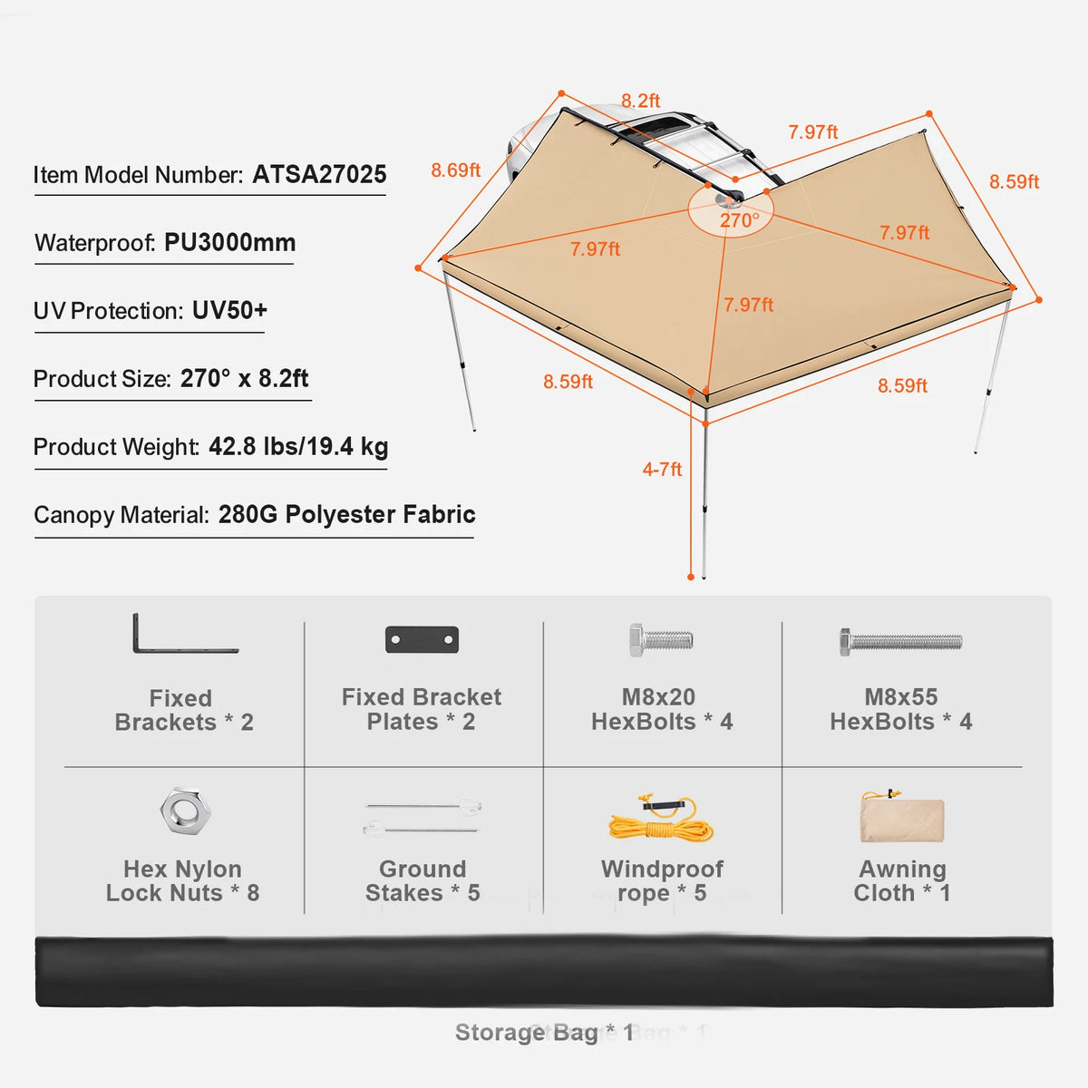 SucceBuy Retractable Car Side Awning With Storage Bag