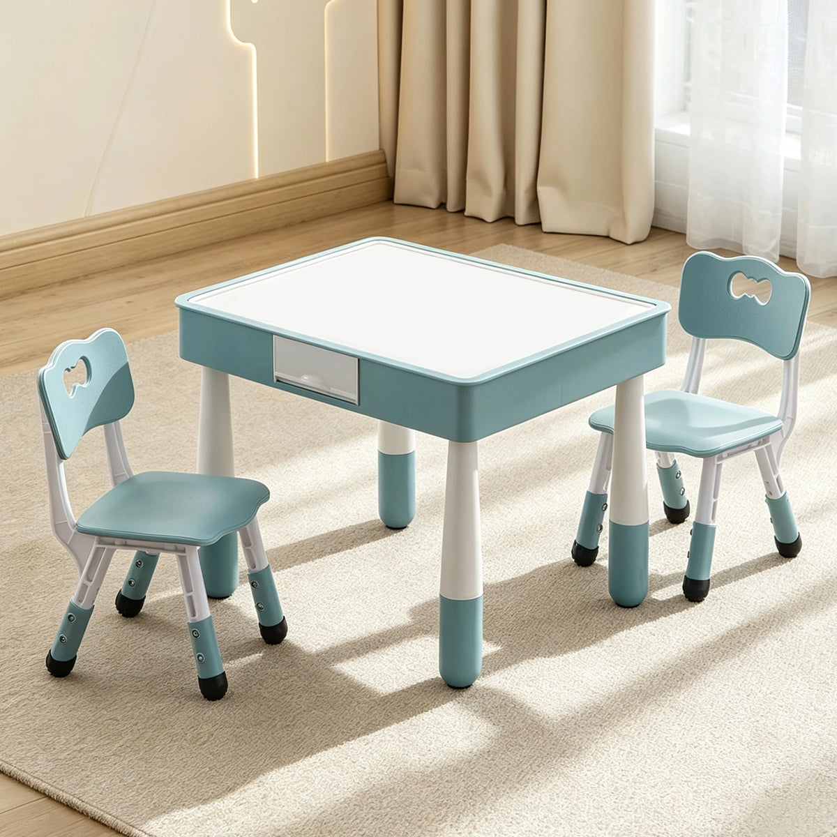 Adjustable Plastic Kids Table And Two Chairs Set With Storage