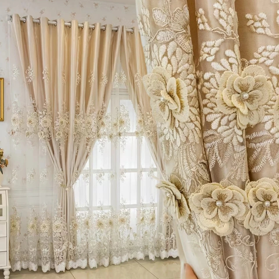 Luxury Double Layer Embroidered Blackout Curtains Set
