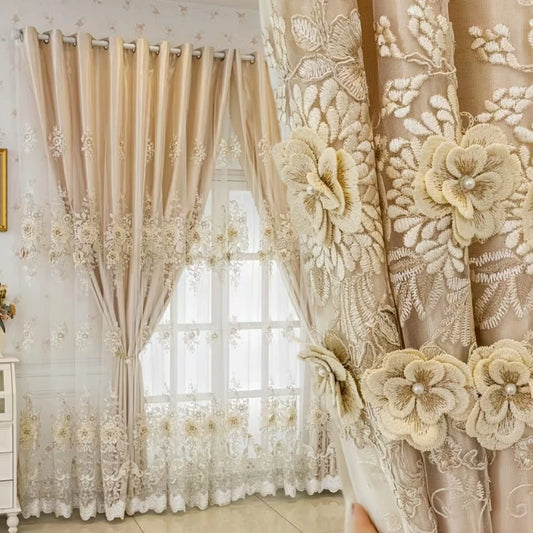 Luxury Double Layer Embroidered Blackout Curtains Set