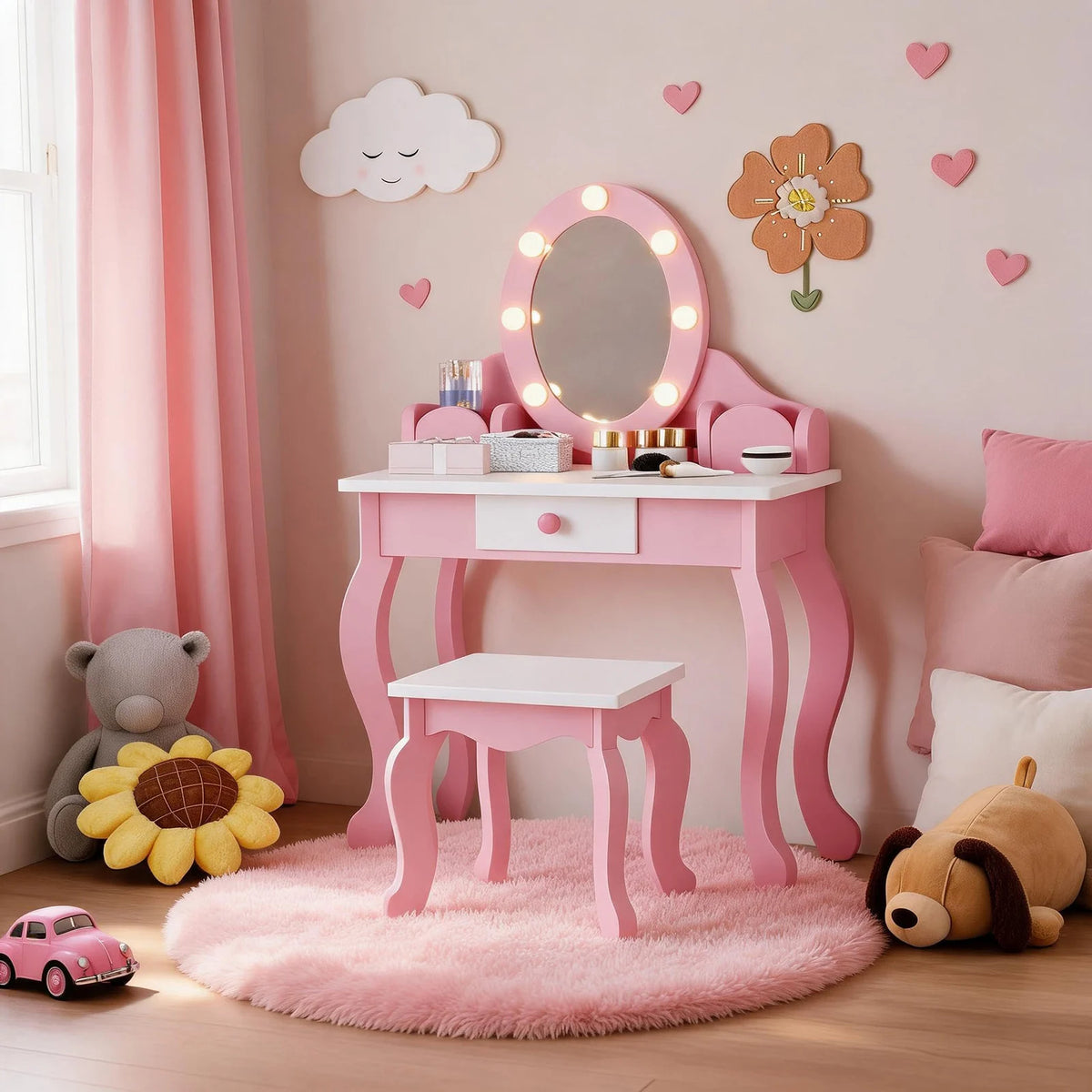 HiMISS Wooden Kids Vanity Desk With Illuminated Mirror