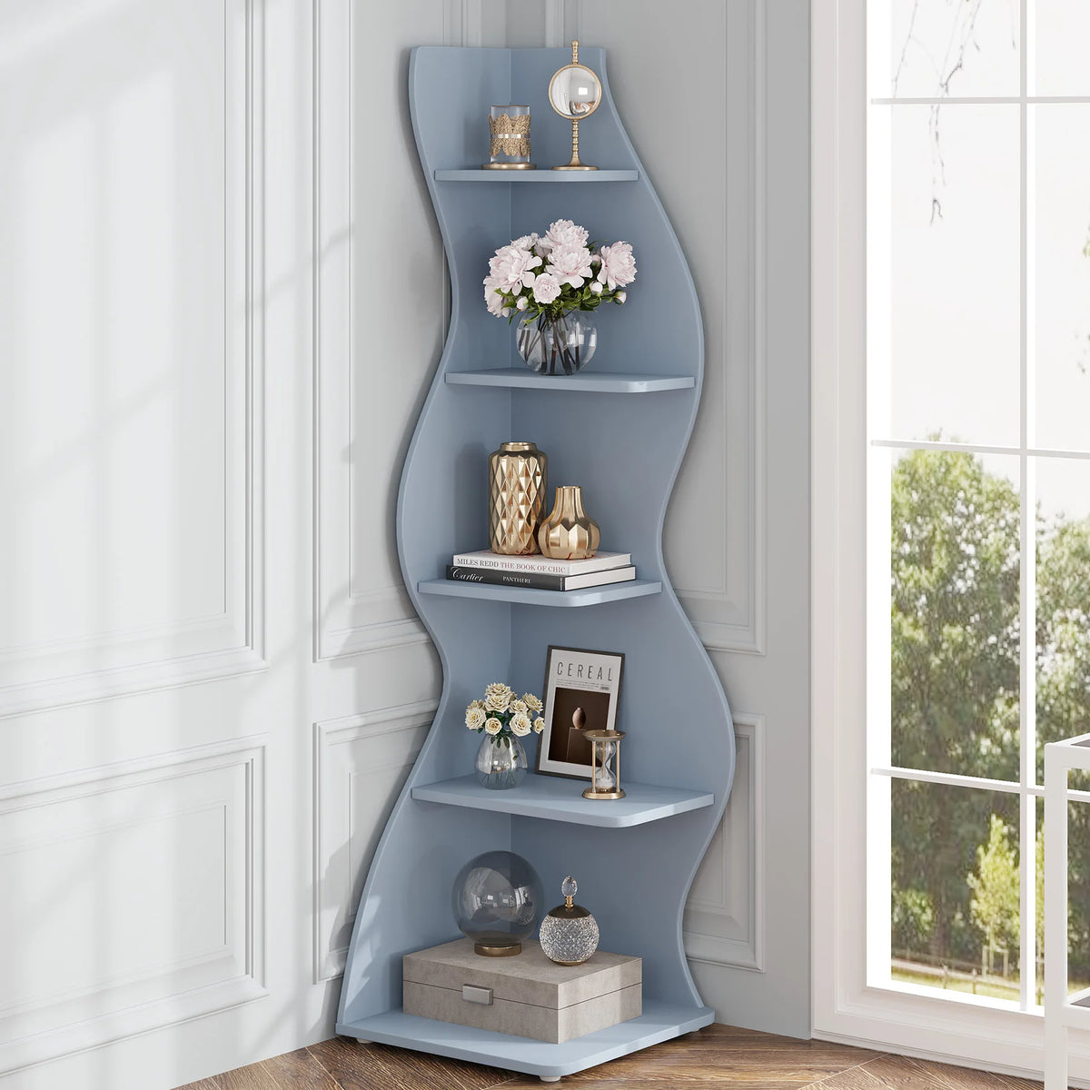 Tribesigns Modern Five Tier Wooden Corner Bookshelf