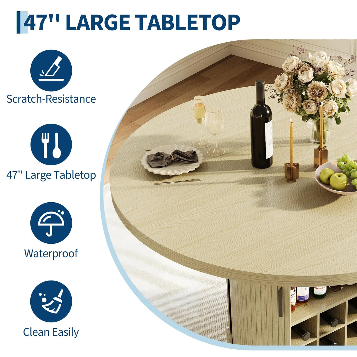 HiMISS Round Dining Table Featuring Hidden Storage And Wine Rack