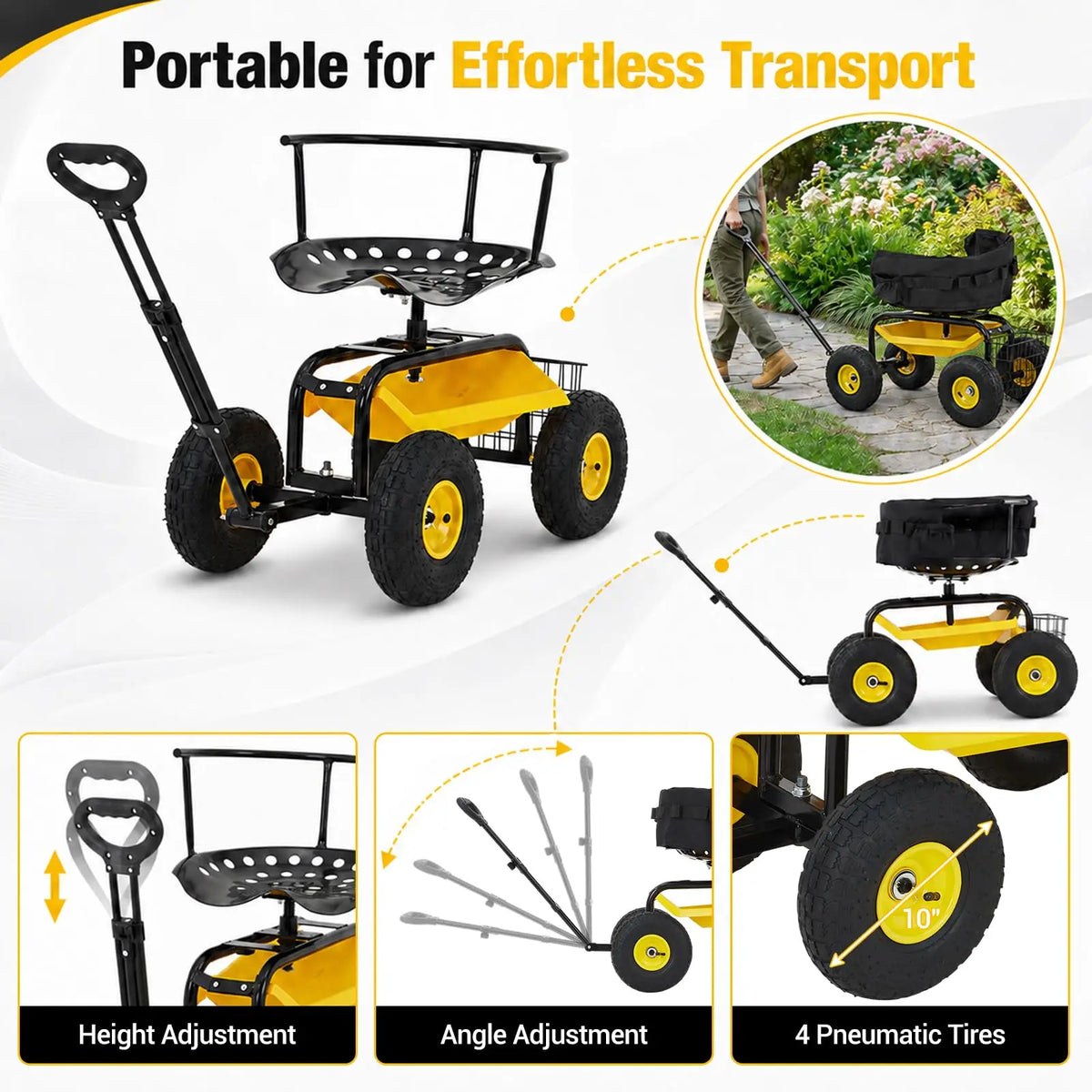 HiMISS Rolling Garden Seat Cart With Swivel Seat And Basket