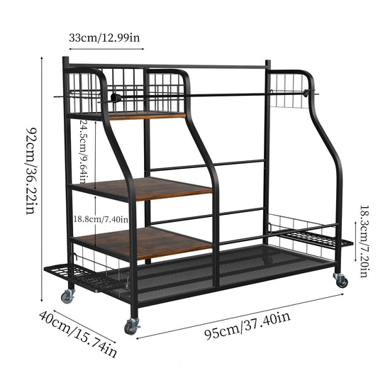 Triple Layer Rolling Metal Sports Equipment Storage Rack With Wheels