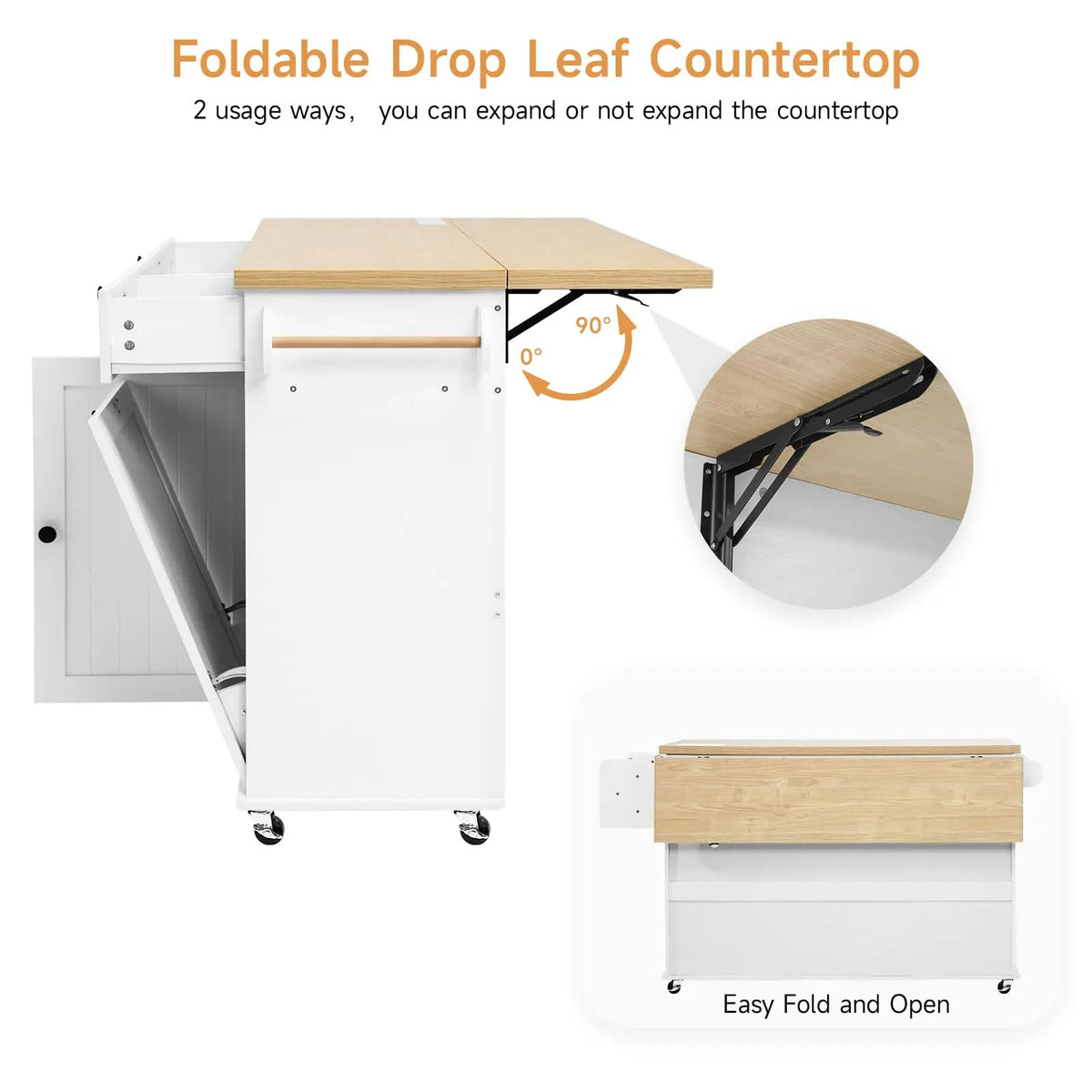 Onbrill Wood Rolling Kitchen Island With Power Outlet Trash Holder