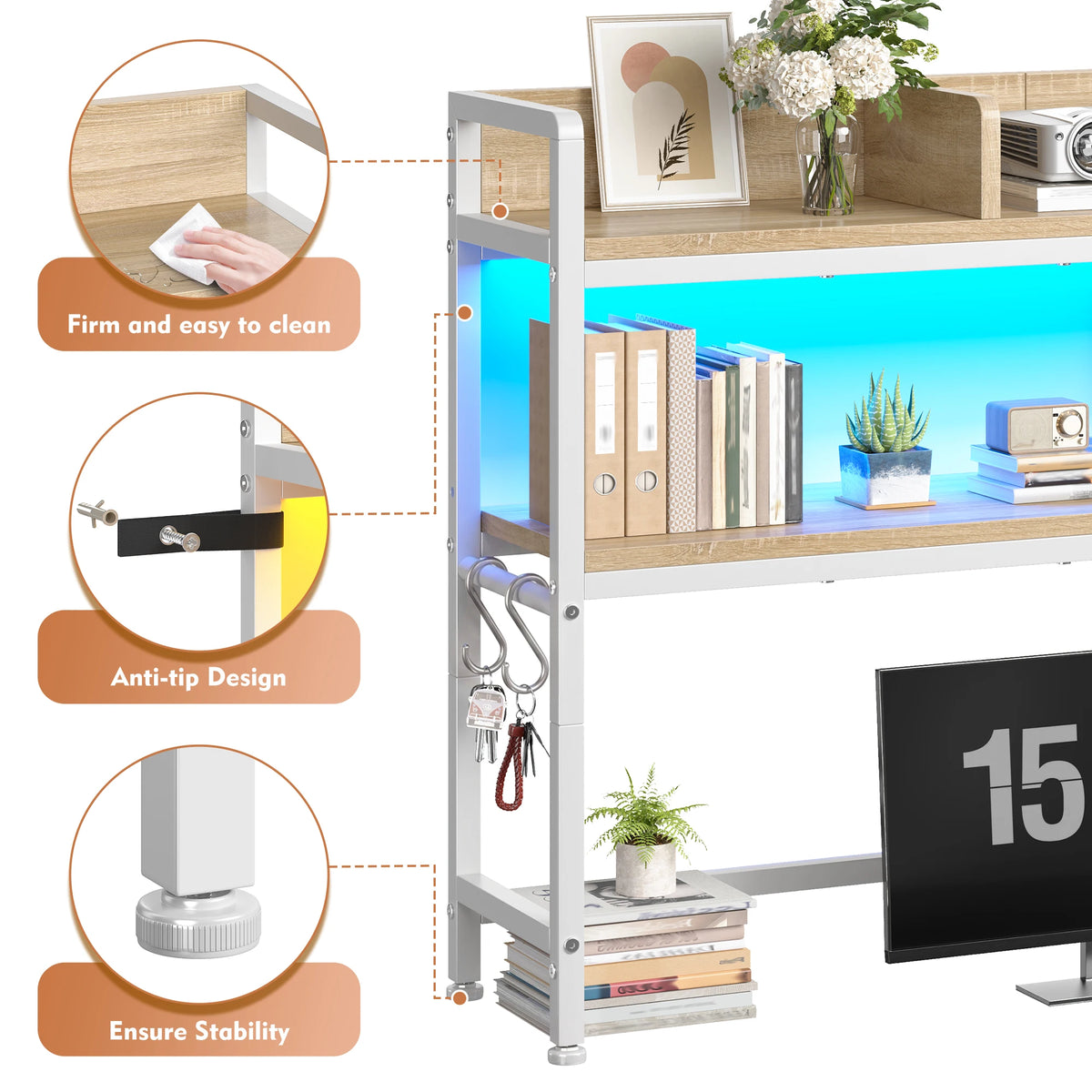Two Tier LED Desk Shelf With Hooks And Storage Organizer