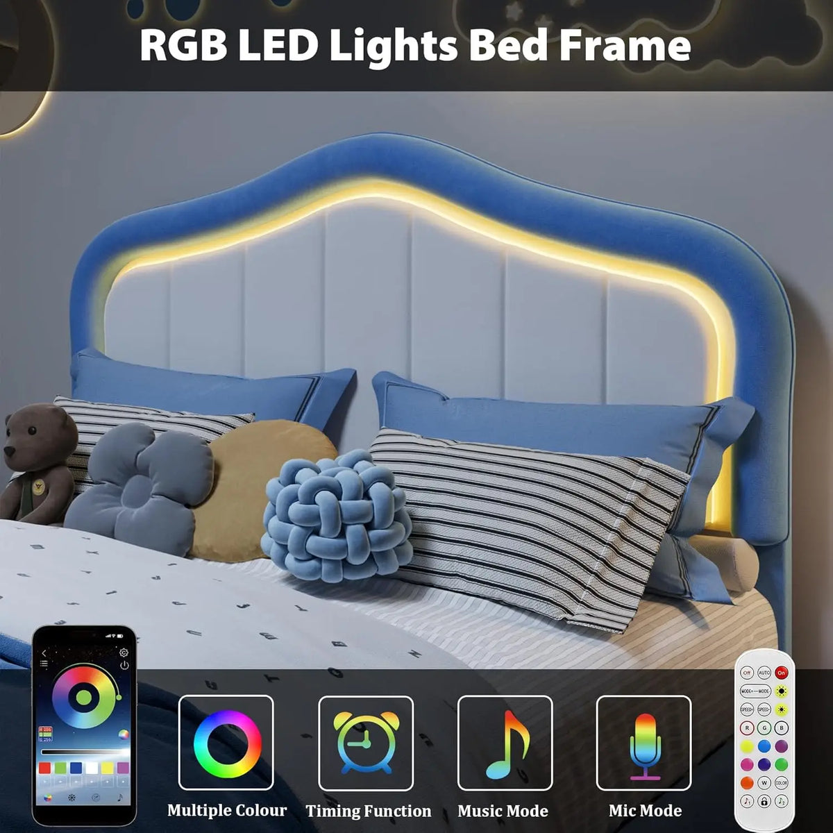 Studyset Kids Upholstered Bed Frame With Led Crown Headboard And Velvet