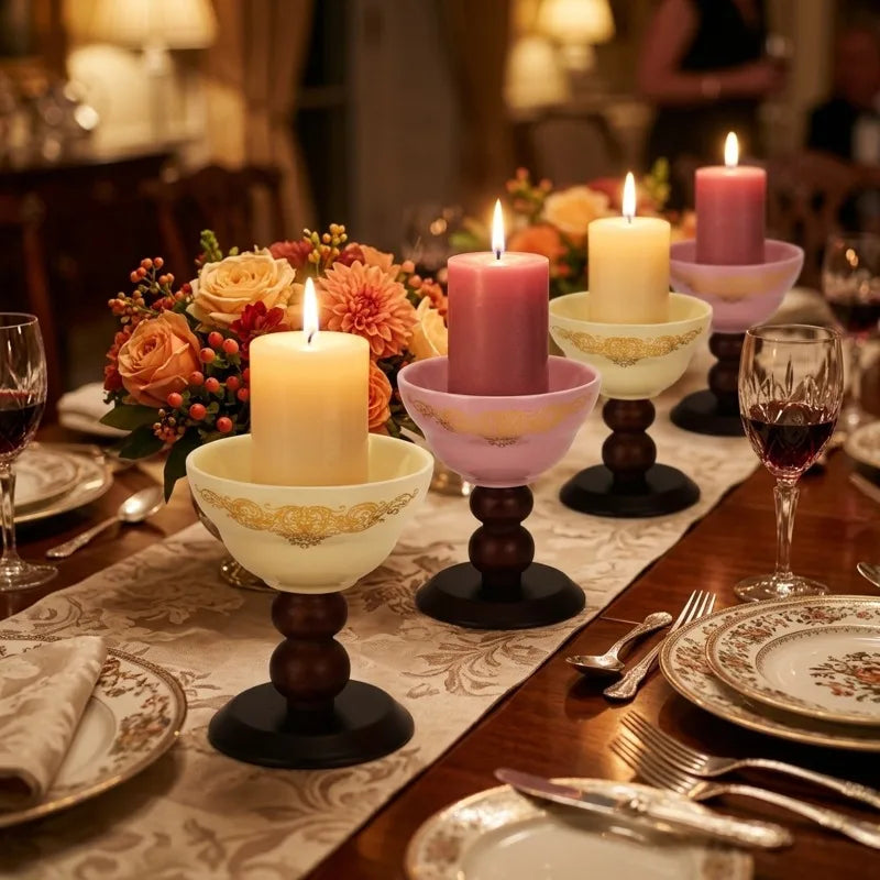 Elegant Ceramic Tea Light Candle Holder With Wooden Pedestal