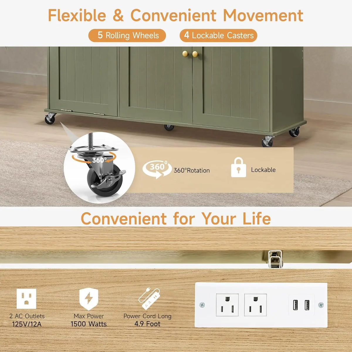 Onbrill Rolling Kitchen Island With Drawer And Power Outlet