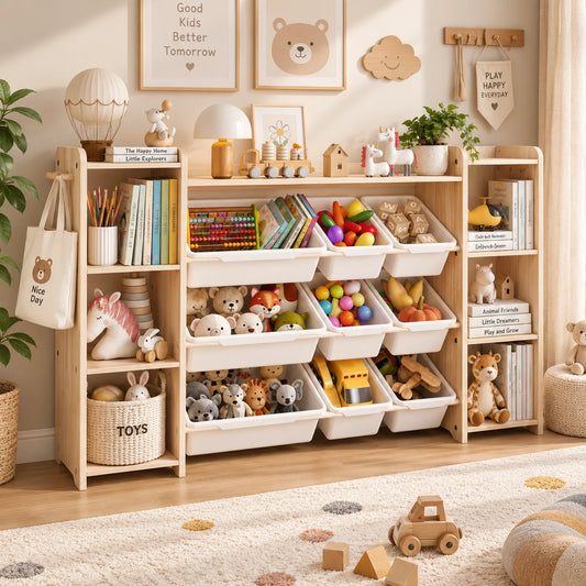Multi Layer Wooden Kids Toy Storage Organizer With Plastic Bins