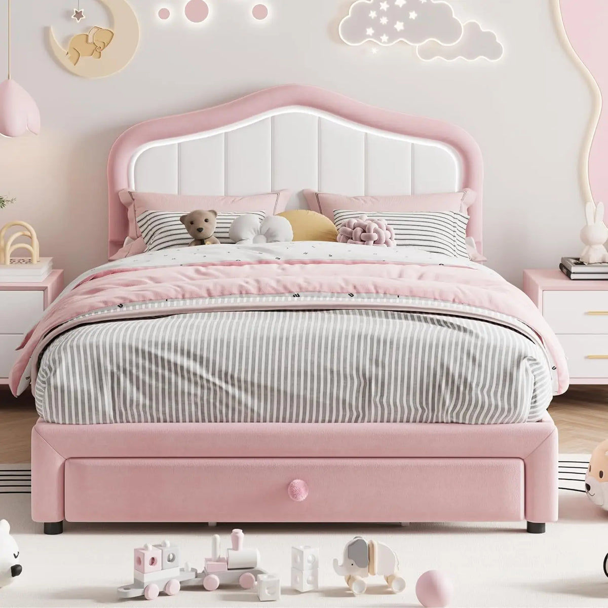 Studyset Kids Upholstered Bed Frame With Led Crown Headboard And Velvet