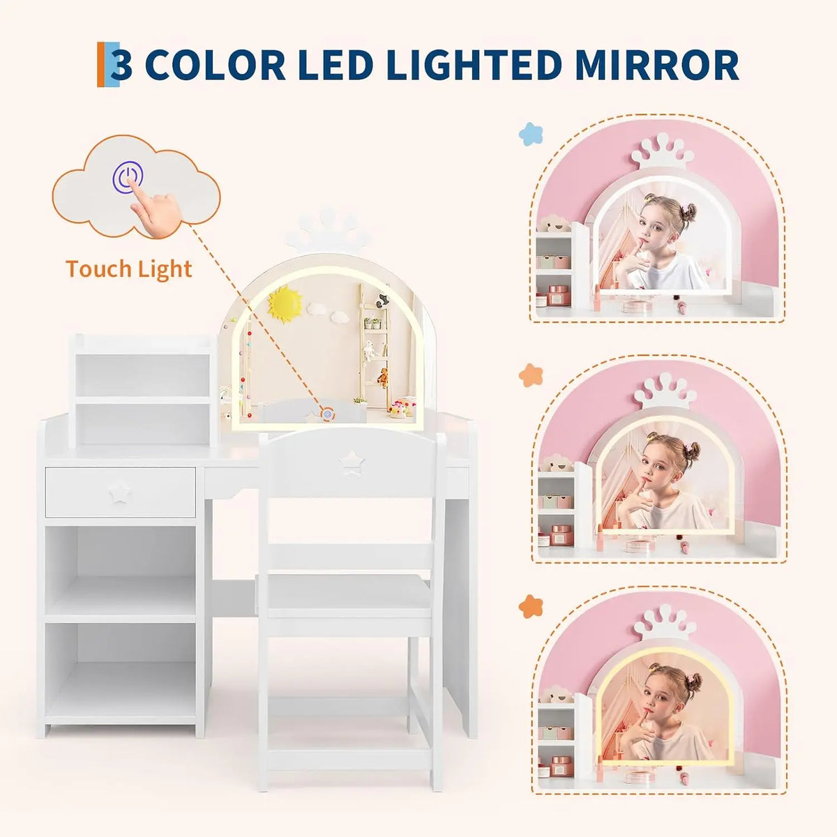 Twister CK Kids Vanity Set With Lighted Mirror And Storage