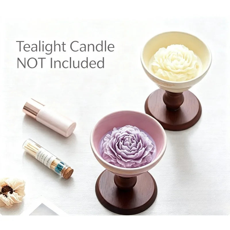 Elegant Ceramic Tea Light Candle Holder With Wooden Pedestal