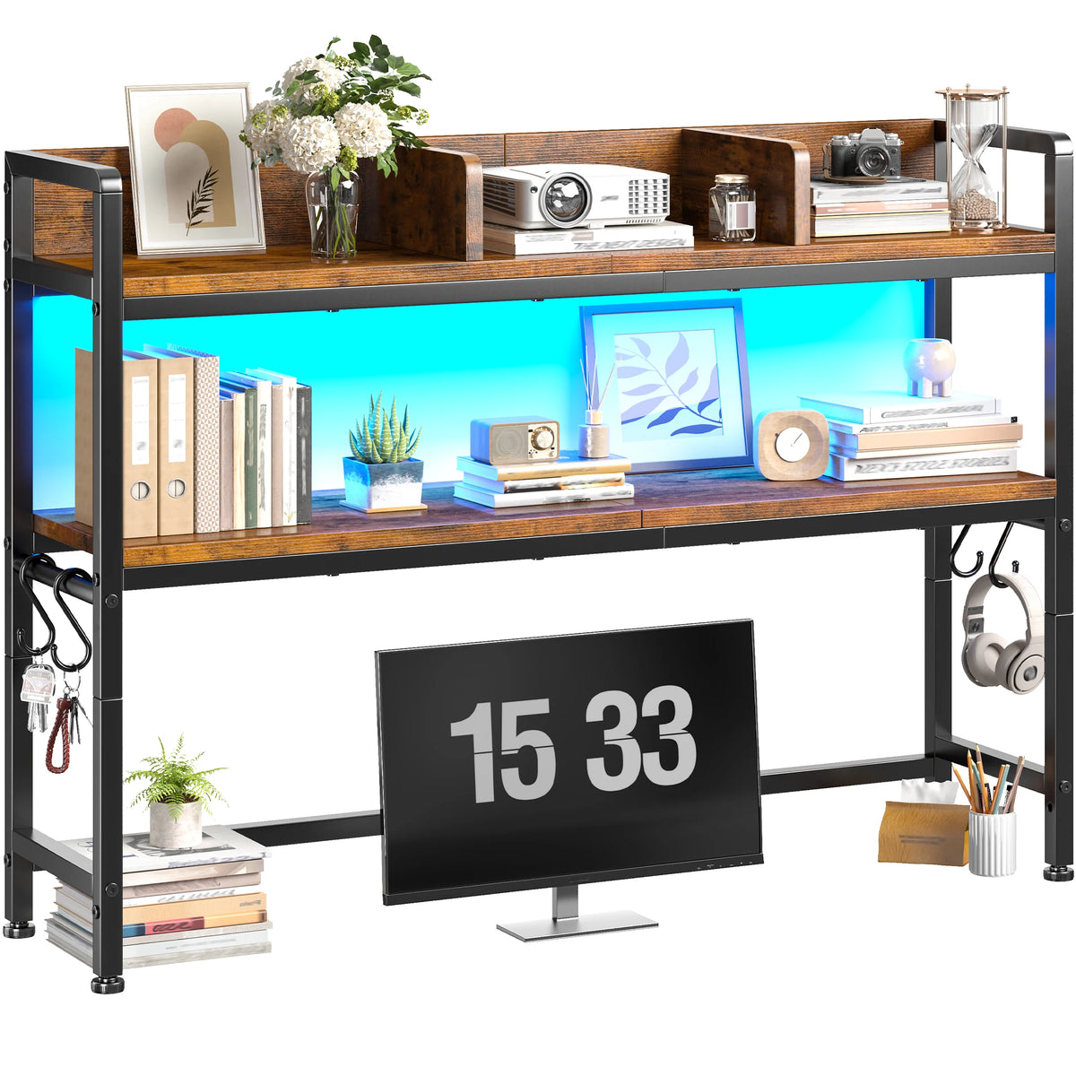 Two Tier LED Desk Shelf With Hooks And Storage Organizer