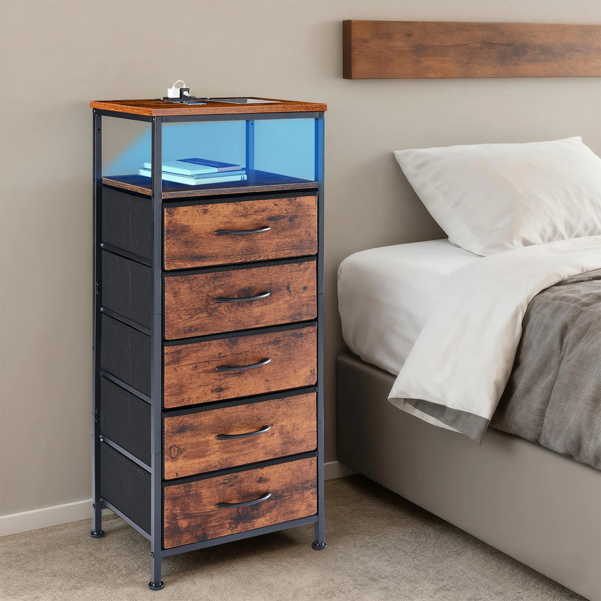 MCQ LED Nightstand With Fabric Drawers And USB Hub