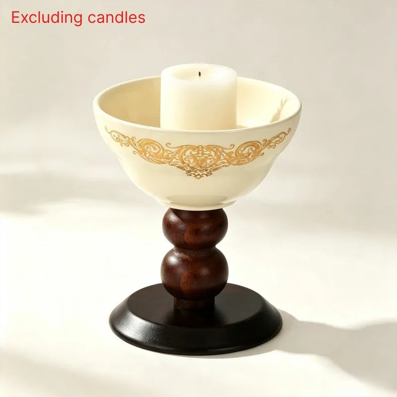 Elegant Ceramic Tea Light Candle Holder With Wooden Pedestal