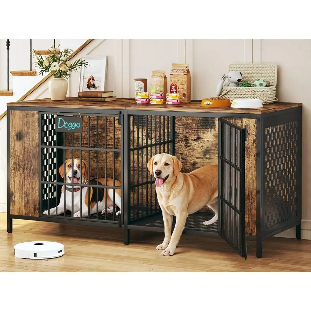 Indoor Double Dog Kennel With Removable Divider And Metal Frame