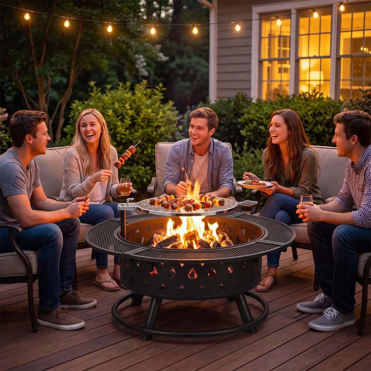 HiMiss Round Wood Burning Fire Pit With Safety Mesh Guard