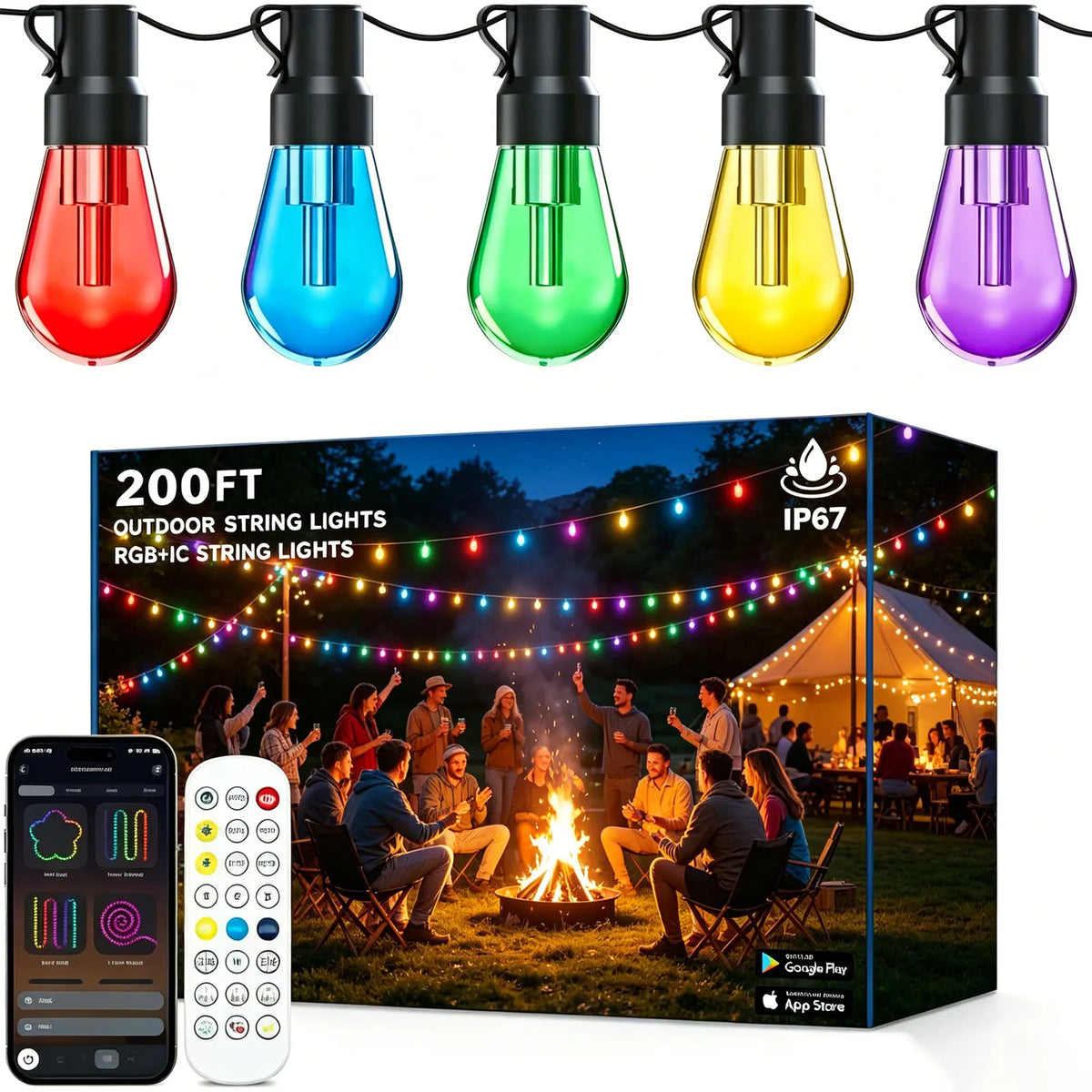 Outdoor IP67 Waterproof RGB LED String Lights App Remote Control