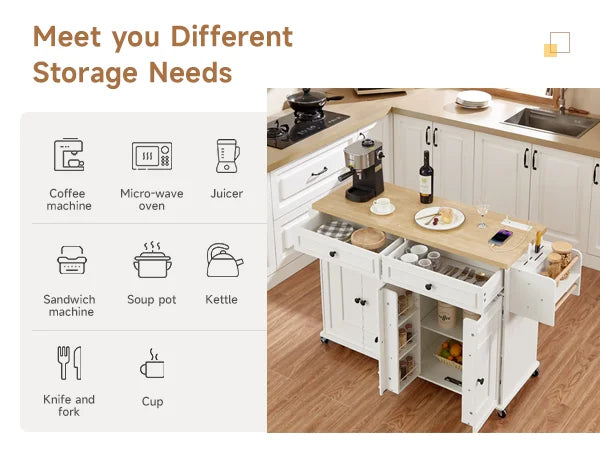 Wood Mobile Kitchen Island Drop Leaf Spice Rack Towel Rack