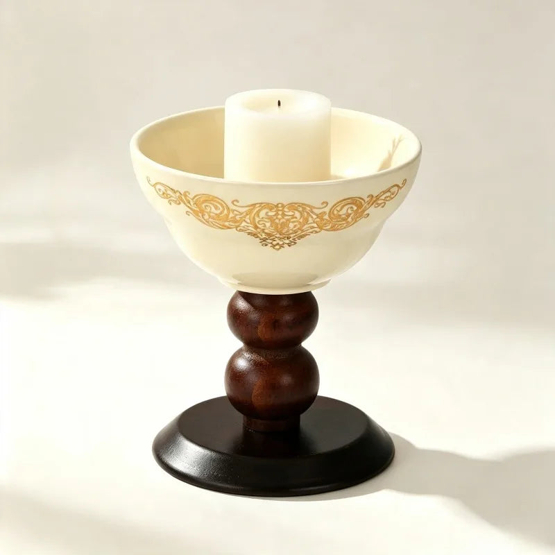 Elegant Ceramic Tea Light Candle Holder With Wooden Pedestal
