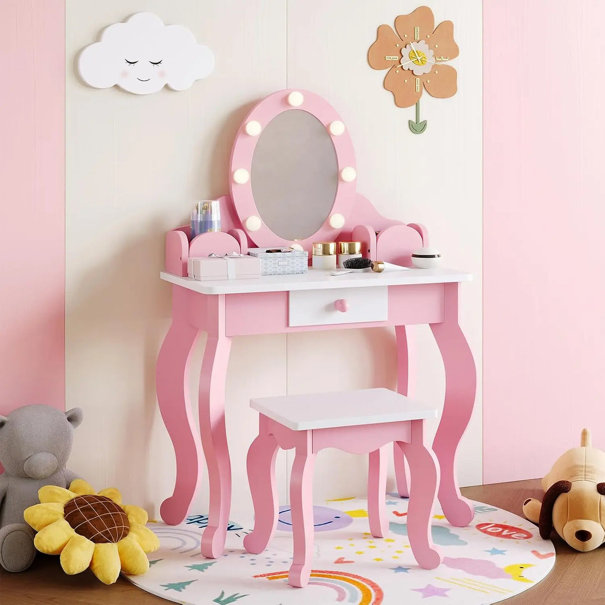 HiMISS Wooden Kids Vanity Desk With Illuminated Mirror