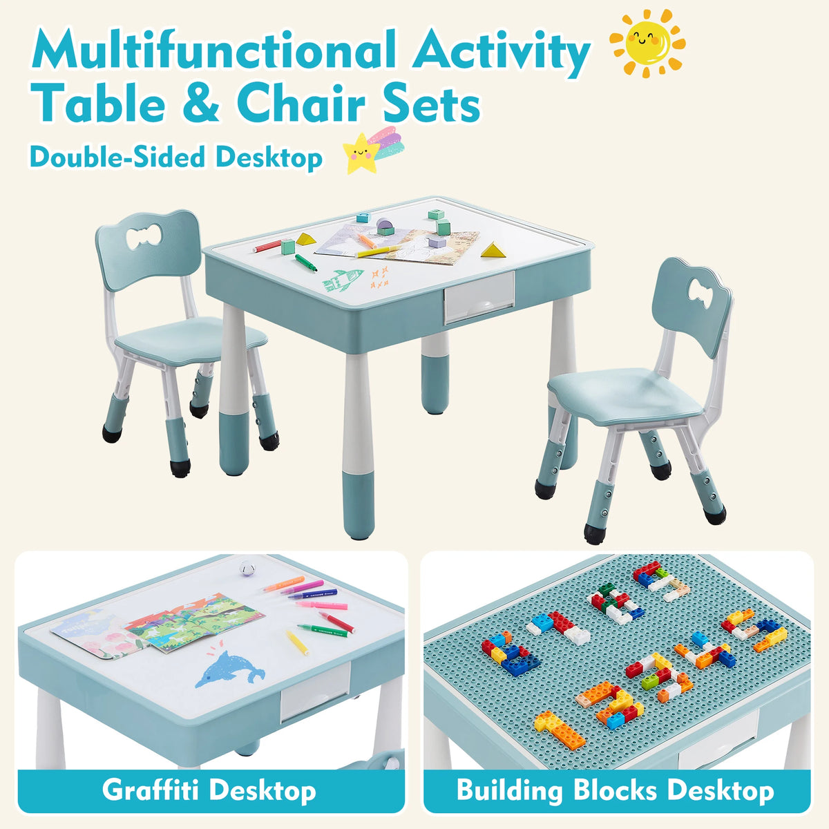 Adjustable Plastic Kids Table And Two Chairs Set With Storage