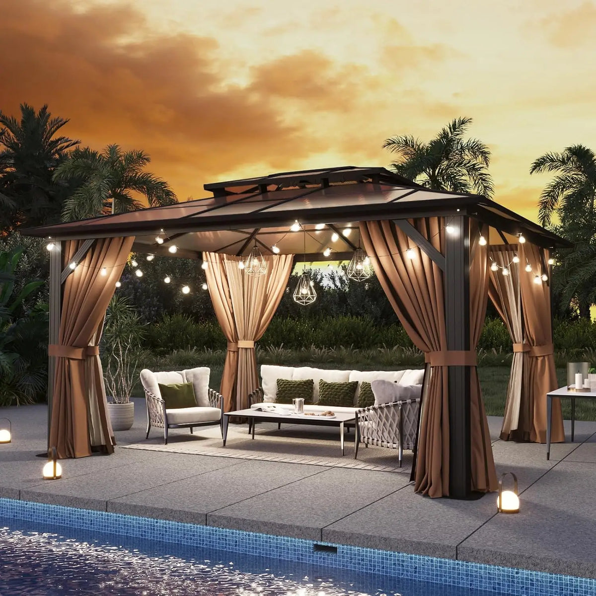 Aluminum Frame Hardtop Gazebo With Polycarbonate Roof And Netting