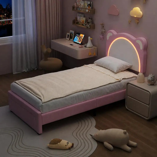 Kids Velvet Upholstered Platform Bed Frame Featuring Led Storage Drawers