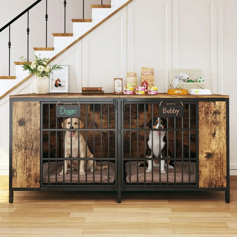 Indoor Double Dog Kennel With Removable Divider And Metal Frame