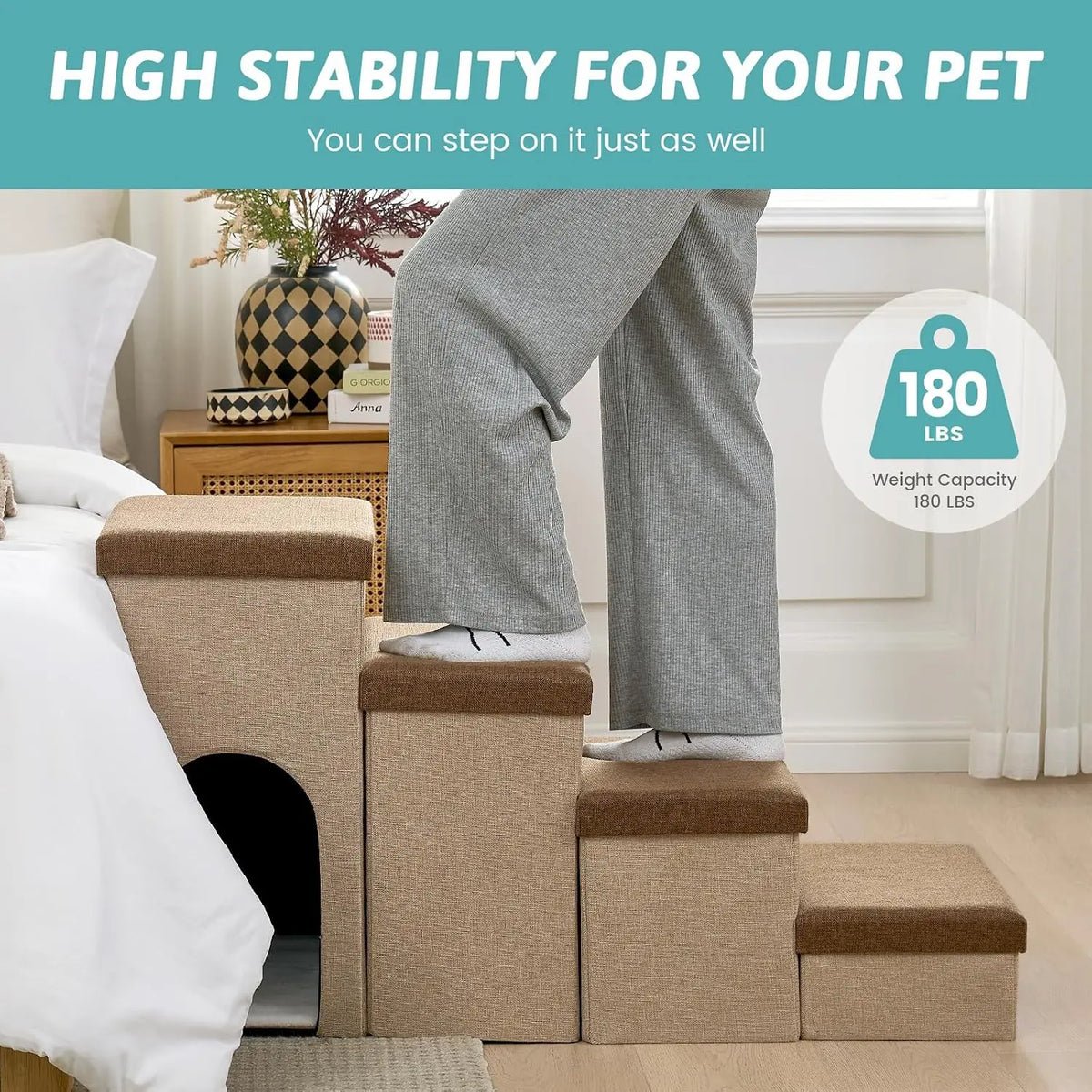 Durable Multi Tier Pet Stairs With Secure Condo And Storage