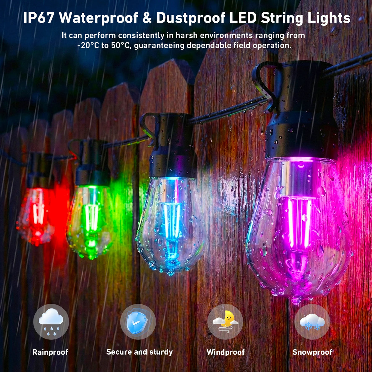 Outdoor IP67 Waterproof RGB LED String Lights App Remote Control