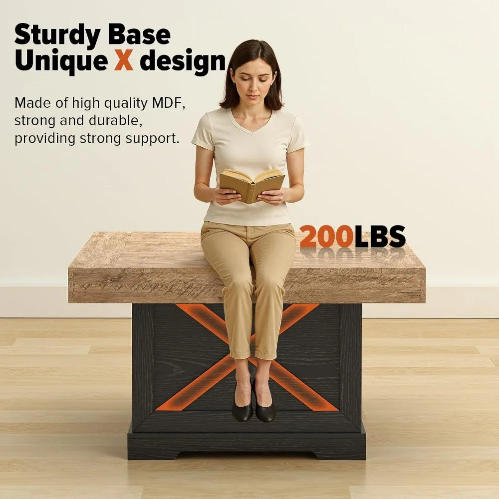 Rustic Square Wooden Coffee Table With Cross Leg Base Design