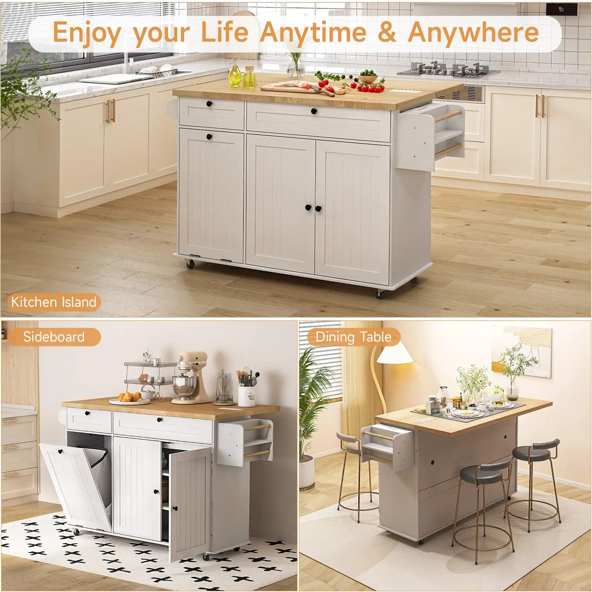 Onbrill Wood Rolling Kitchen Island With Power Outlet Trash Holder